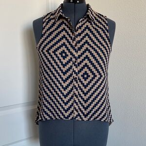 Zigzag Pattern Sleeveless Blouse - Dark Blue and Tan